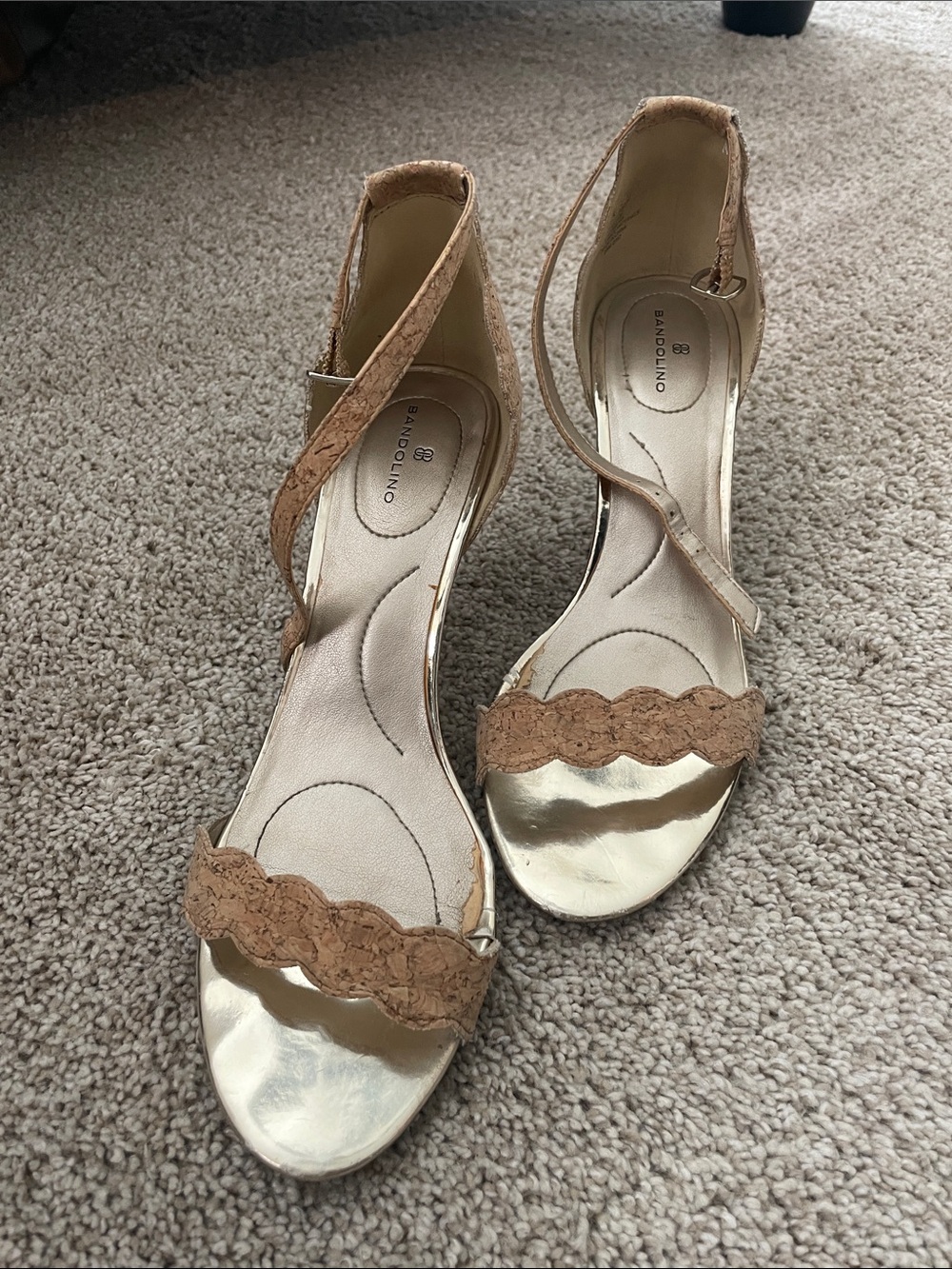 Bandolino Gold and Tan Cork-Trim Ankle-Strap Heels